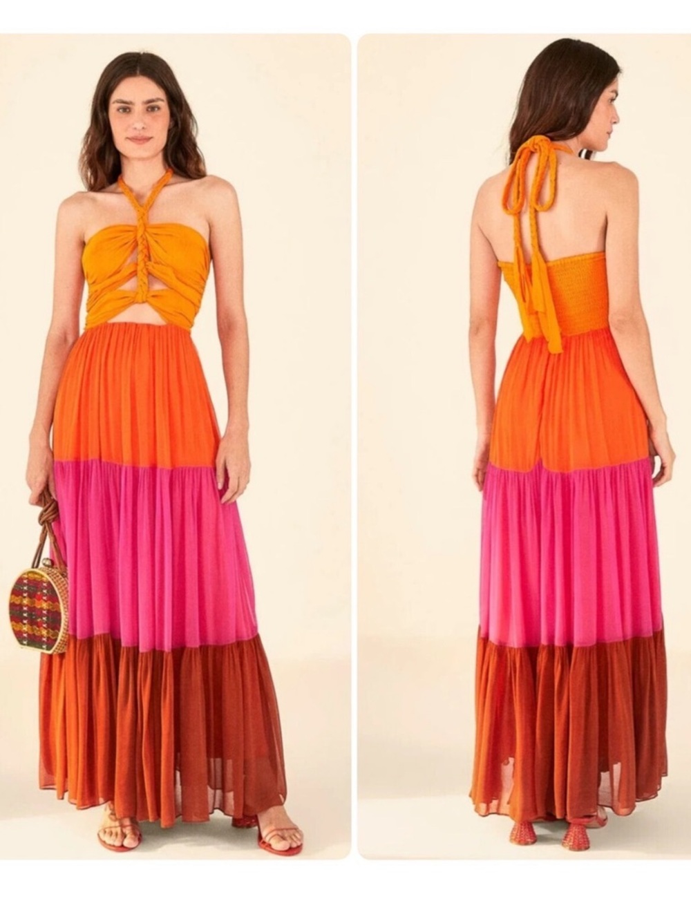 FARM Rio Macaw Scarf Orange Pink Brown Colorblock Halter Maxi Dress